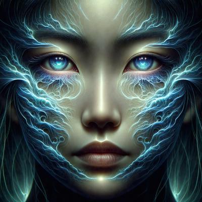 The primary subject of the image is a woman with blue eyes and a blue-green face. She has a unique and artistic appearance, with her eyes and face being the main focus of the image. The setting is a dark background, which contrasts with the woman's vibrant blue-green skin. The visual style is digital art, as the woman's face is depicted in a digital format. The colors and mood of the image are predominantly blue and green, creating a serene and otherworldly atmosphere.